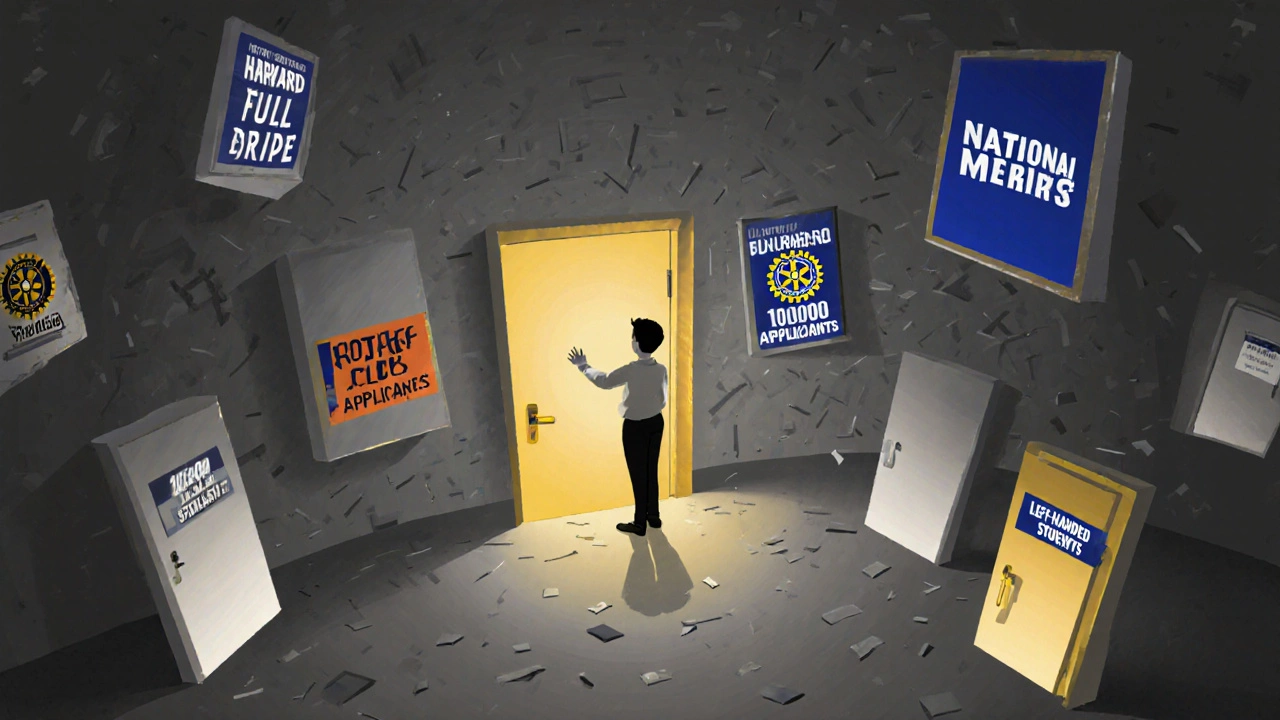 A student choosing a small scholarship door among many large, overwhelming ones