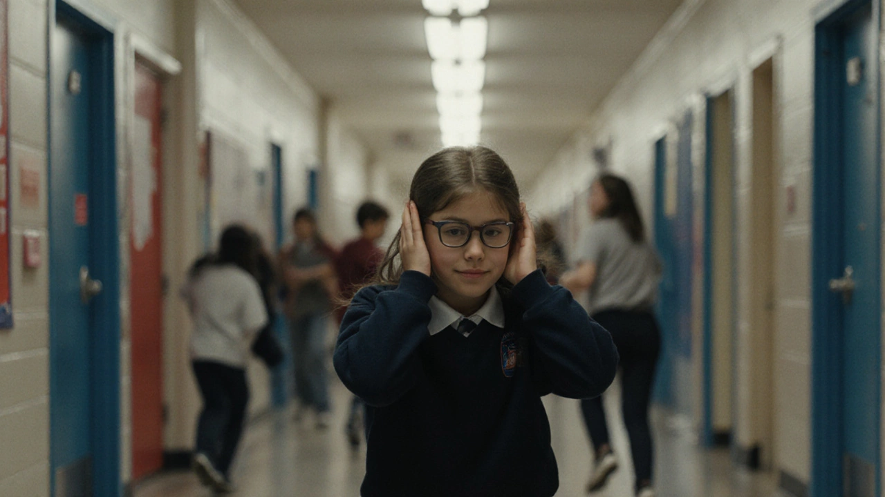 A student running from a noisy hallway toward a quiet space, covering their ears.