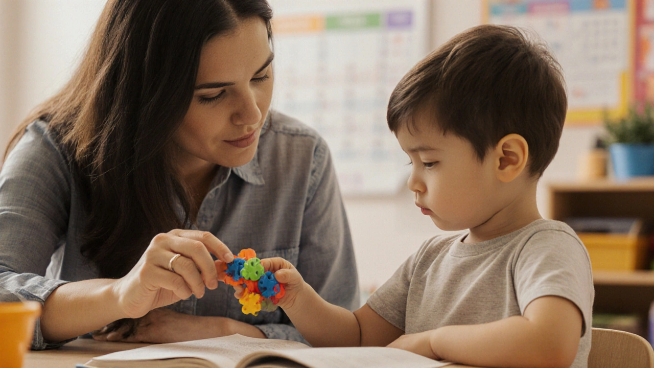 A teacher giving a fidget toy to a child during reading time, showing a moment of calm.