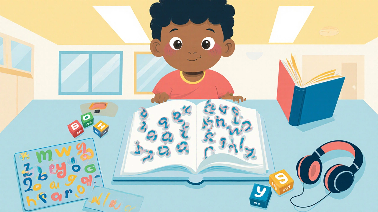 Child at a desk struggling with jumbled letters, surrounded by multisensory reading tools.