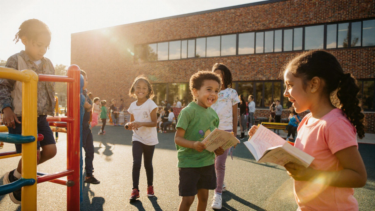 Children of various ages playing and reading on a sunny elementary school playground.