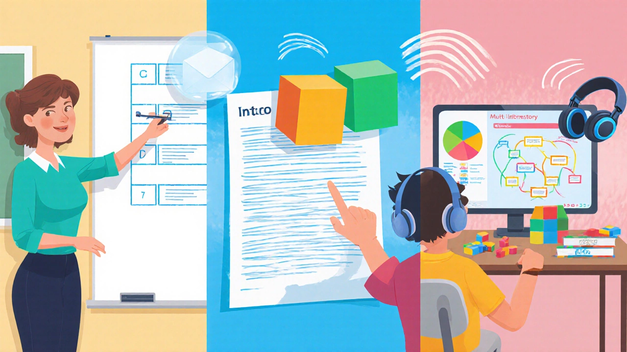 Classroom scene showing scaffolding steps, chunked text blocks, and multisensory tools.