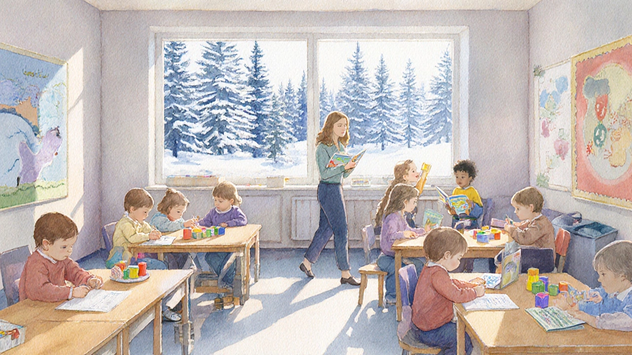 Finnish classroom with children playing, teacher assisting, bright natural light.