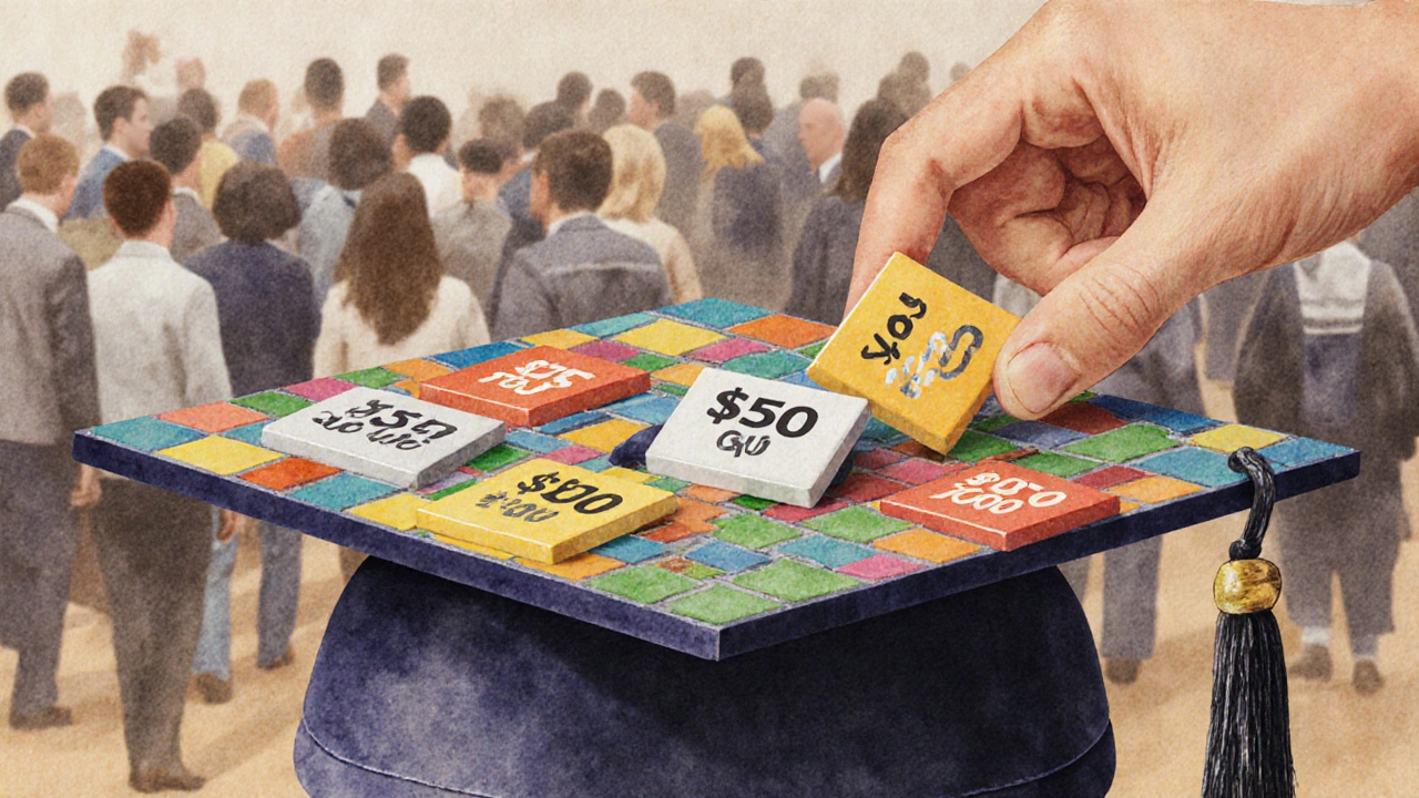 Five small scholarship amounts forming a graduation cap through persistent accumulation