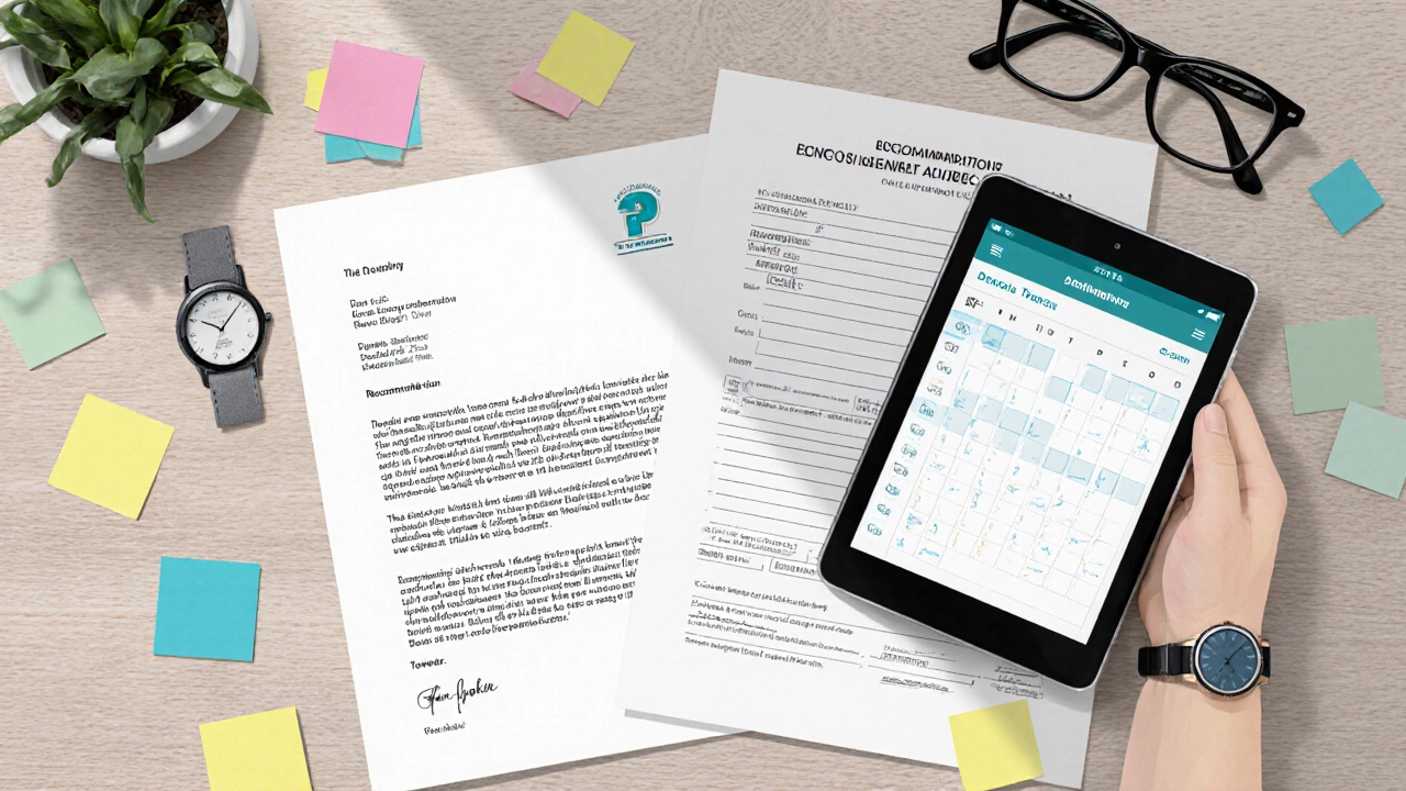 Flat‑lay of transcript, recommendation letter, application form, and deadline tracker.