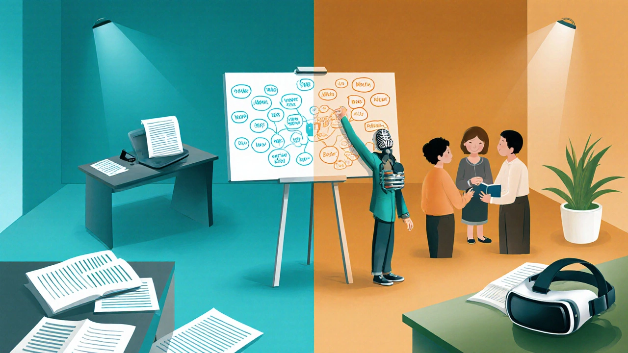 Four classroom stations showing visual, auditory, reading/writing, and kinesthetic activities.