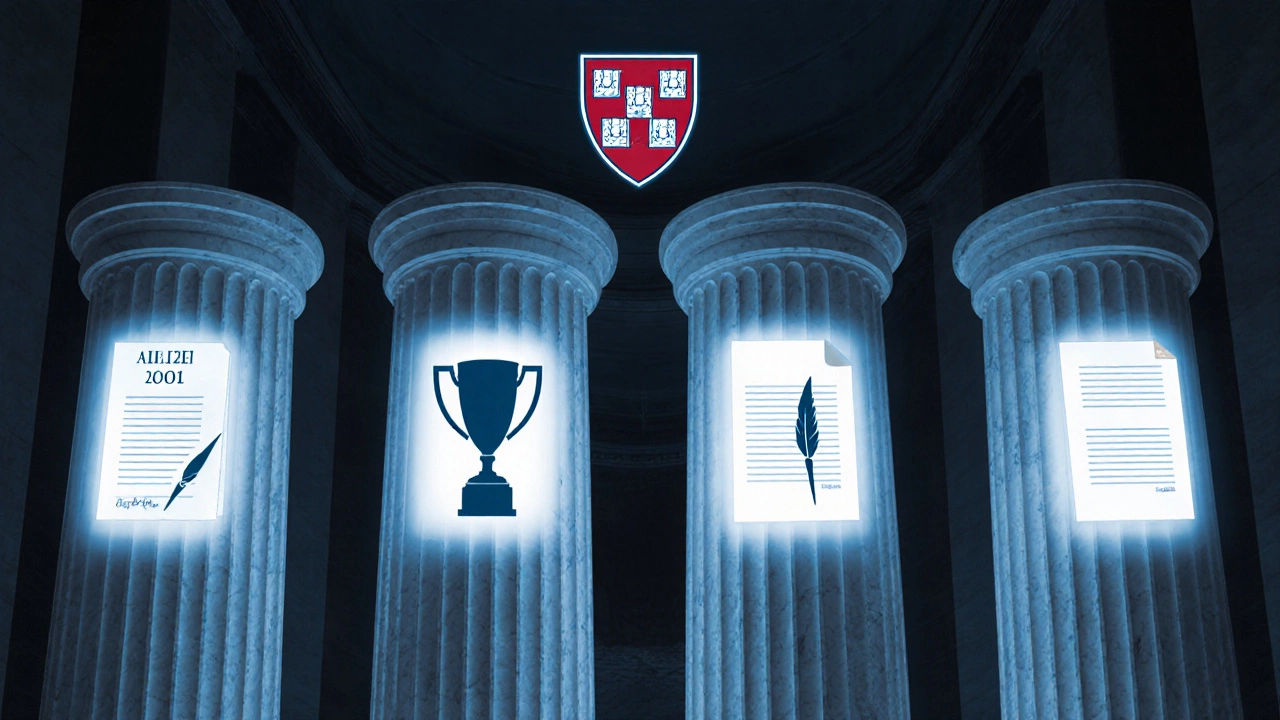Four glowing pillars representing test scores, extracurriculars, recommendations, and essays.