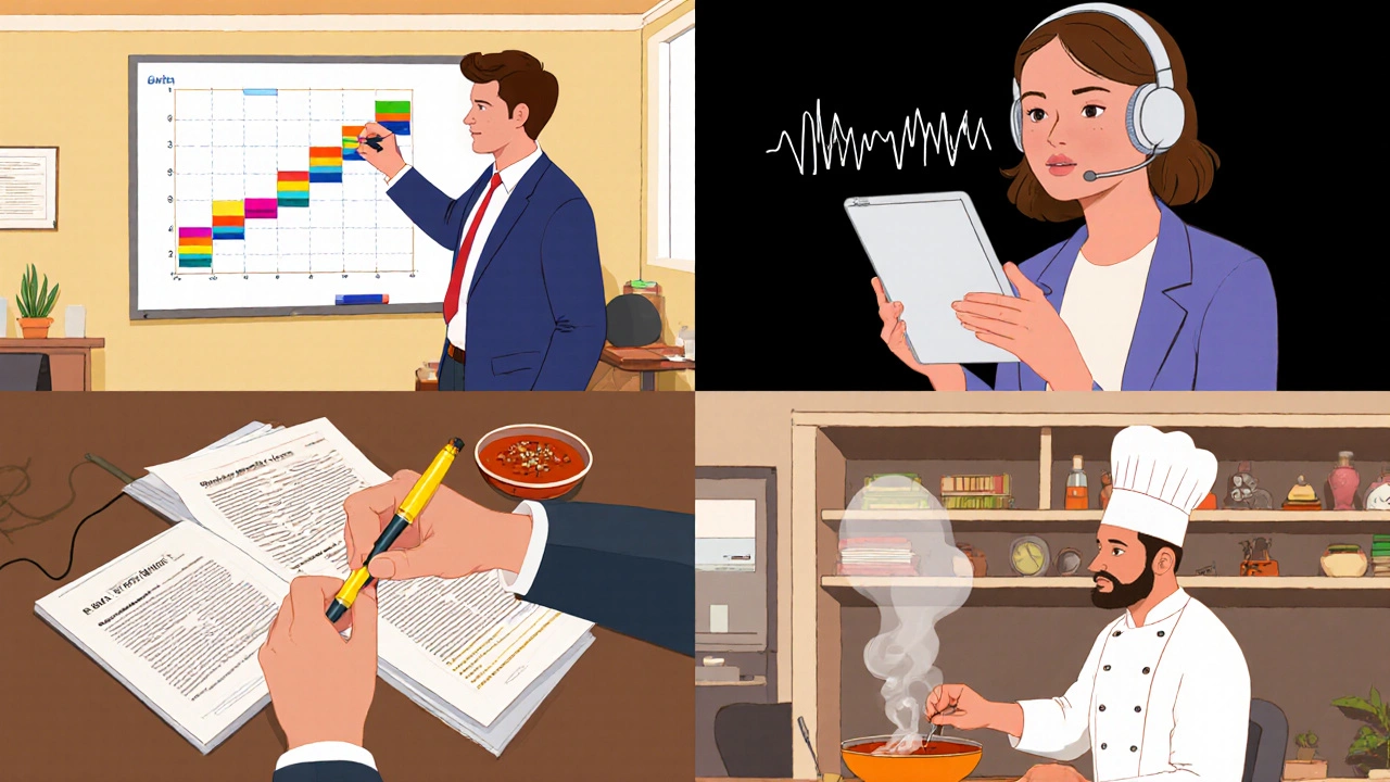 Four scenes showing visual, auditory, reading/writing, and kinesthetic learning in work settings.