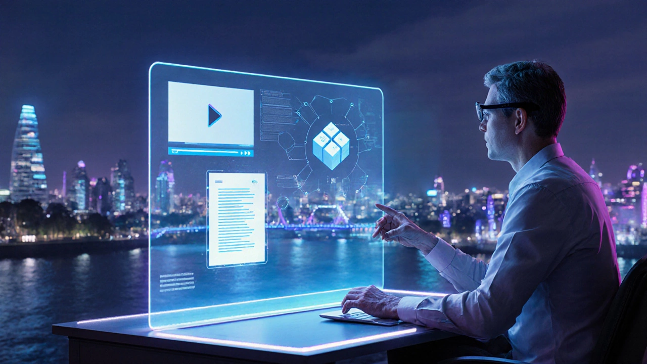 Futuristic holographic interface adapting content for a learner with AI assistance.