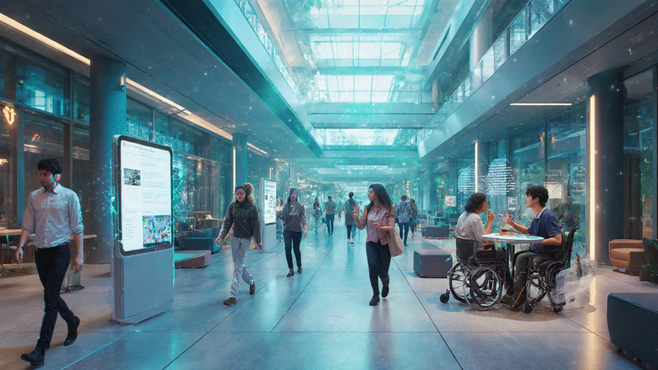 Futuristic university atrium showing universal design and diverse students using assistive tech.
