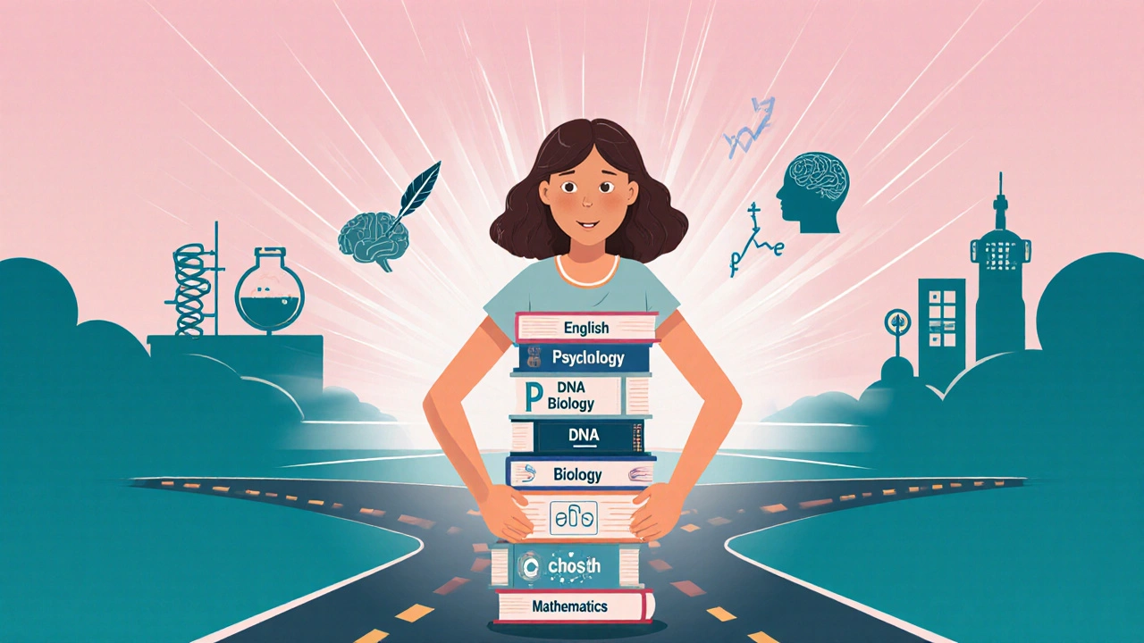 Girl at a crossroads holding glowing books representing various A Level subjects.