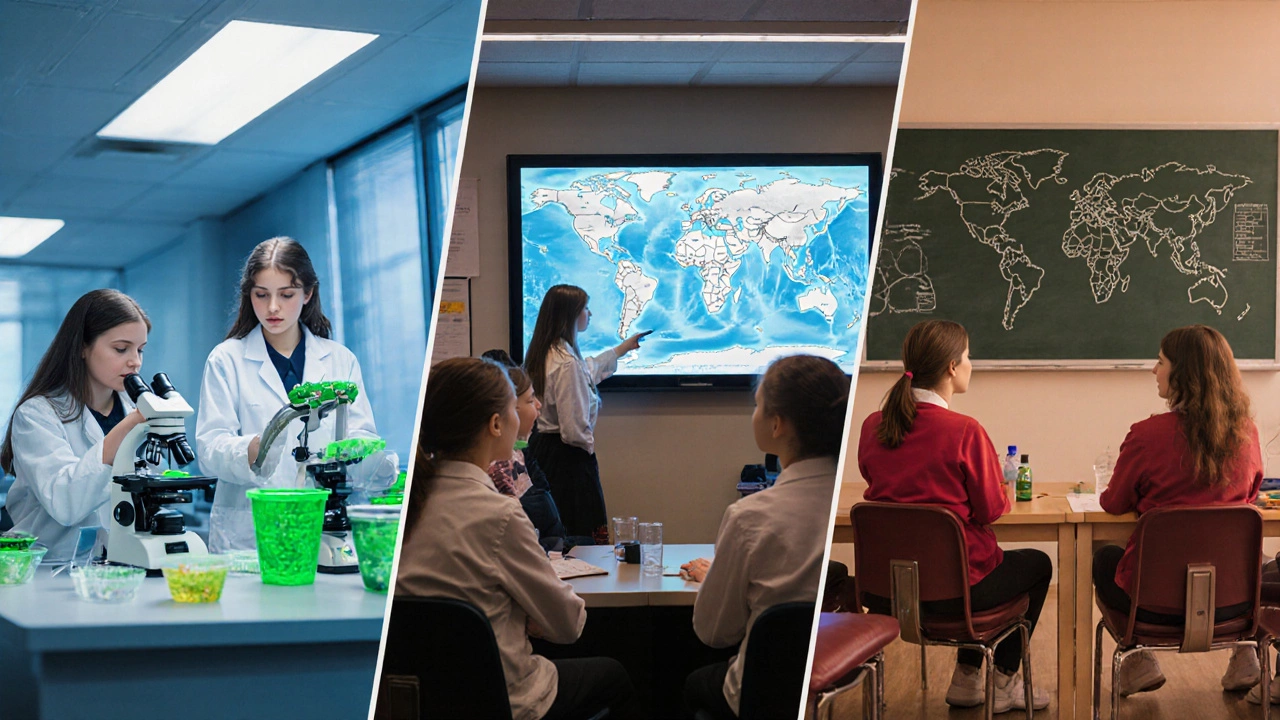 Girls working in a biology lab, geography class, and sociology discussion circle.