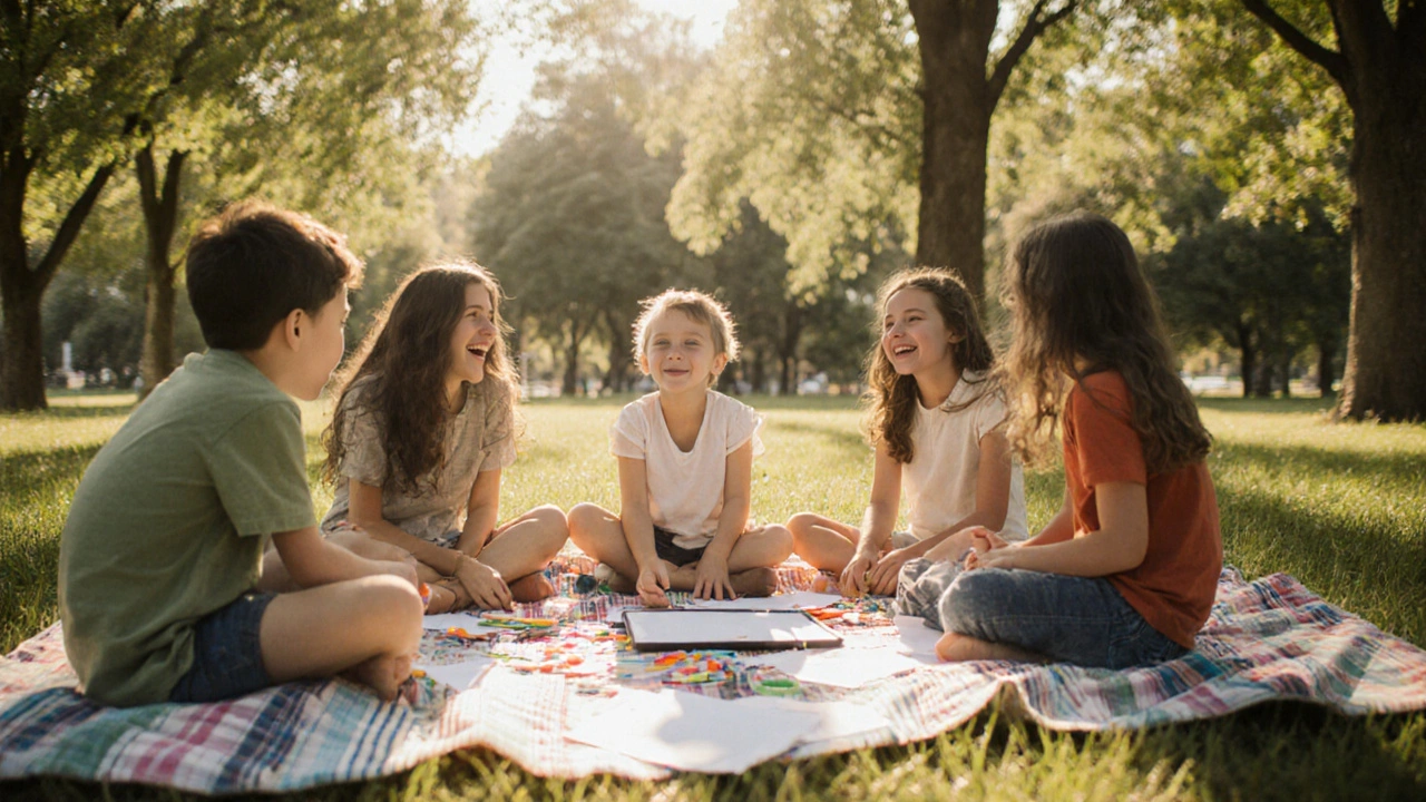 Homeschooled kids collaborating on a project outdoors under sunny trees.