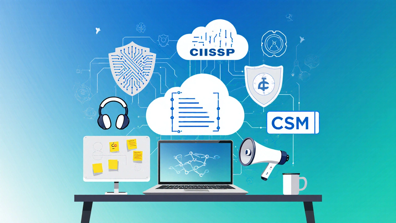 Illustrated collage of cloud, security, project management, data, scrum, and marketing symbols.
