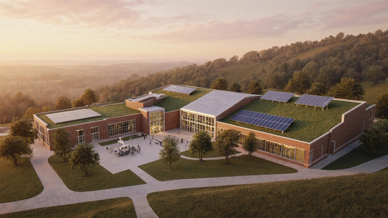 Illustration of a new sustainable elementary school on a hillside with green roof and solar panels.