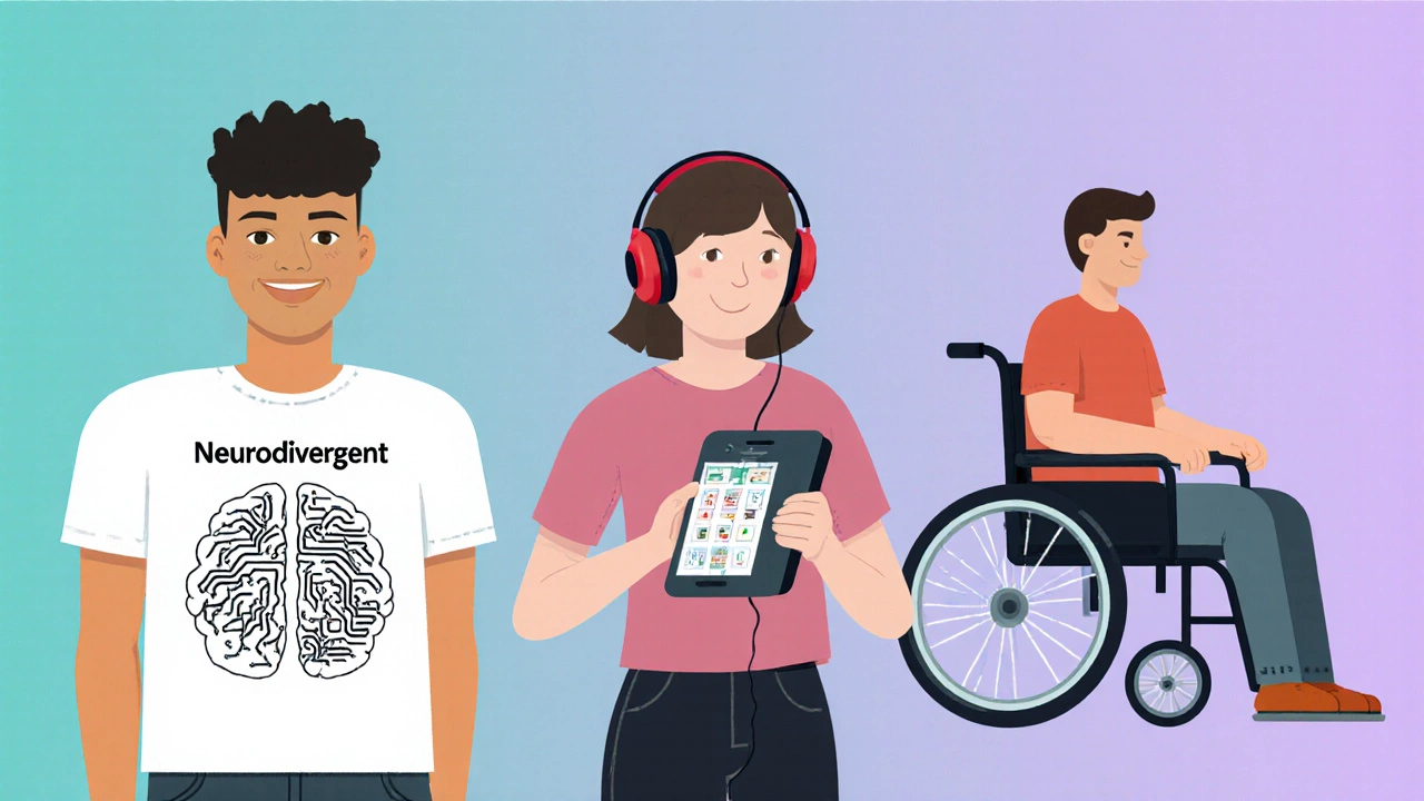 Illustration of three learners representing neurodivergent, additional needs, and disabilities.