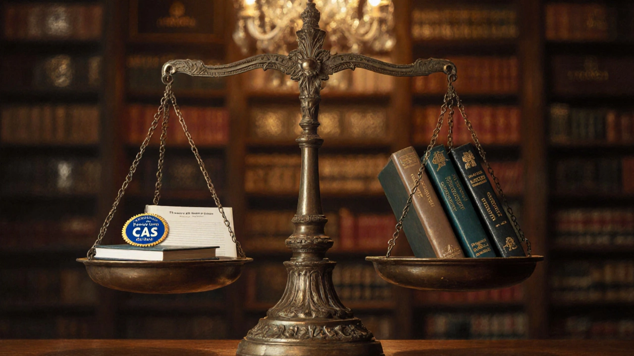 Library scene with a balance scale holding IB items on one side and A‑Level books on the other.