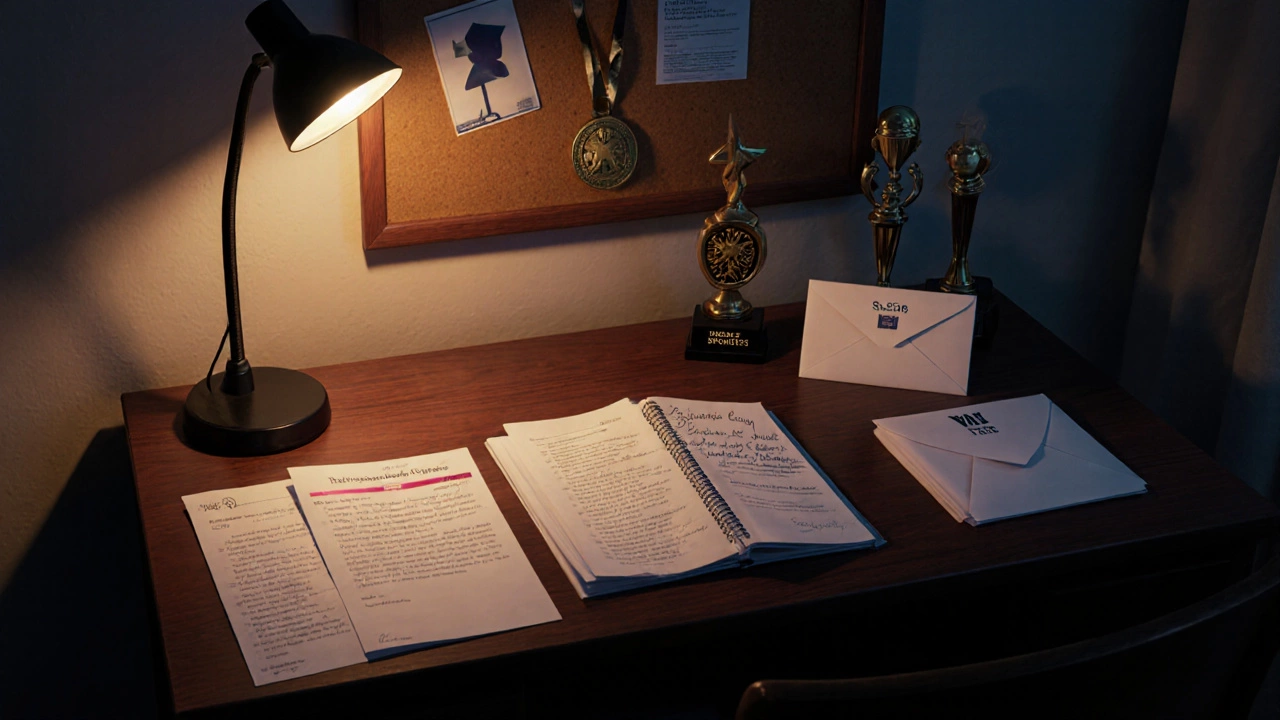 Night‑time desk with SAT test, recommendation letters, personal statement draft, and a Yale acceptance envelope.