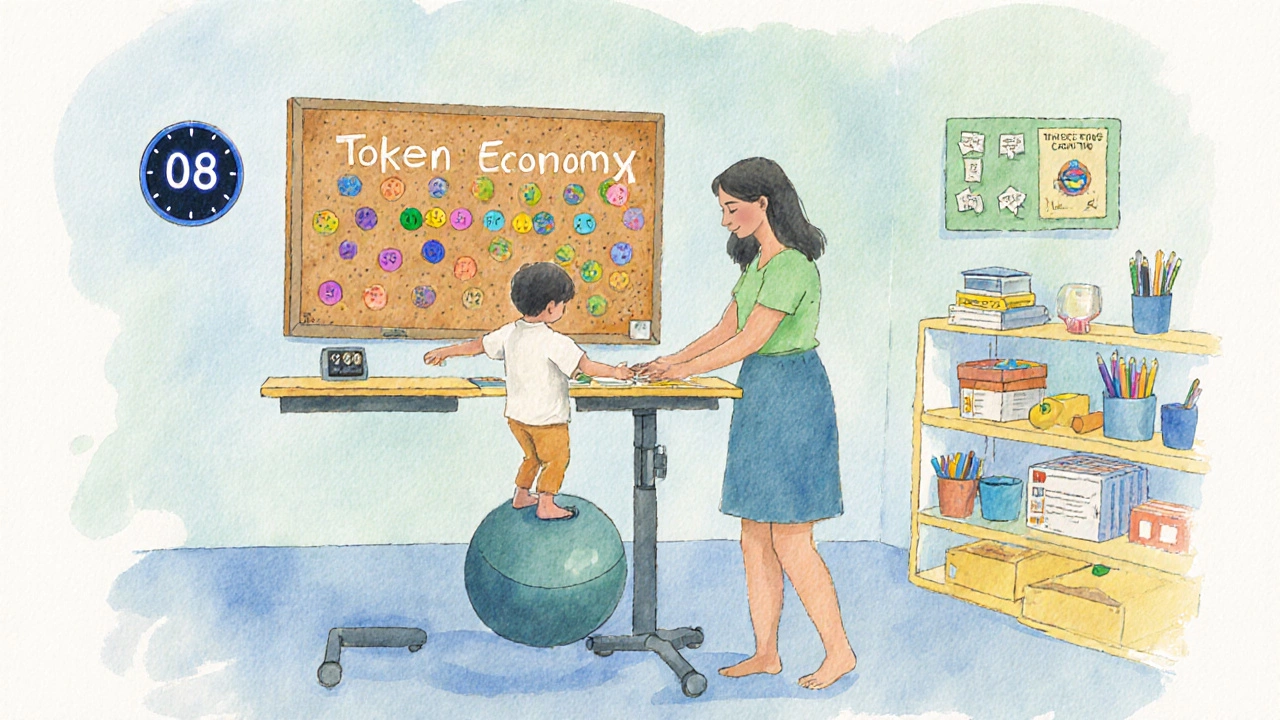 Parent and child using a standing desk and token chart in a bright learning space.