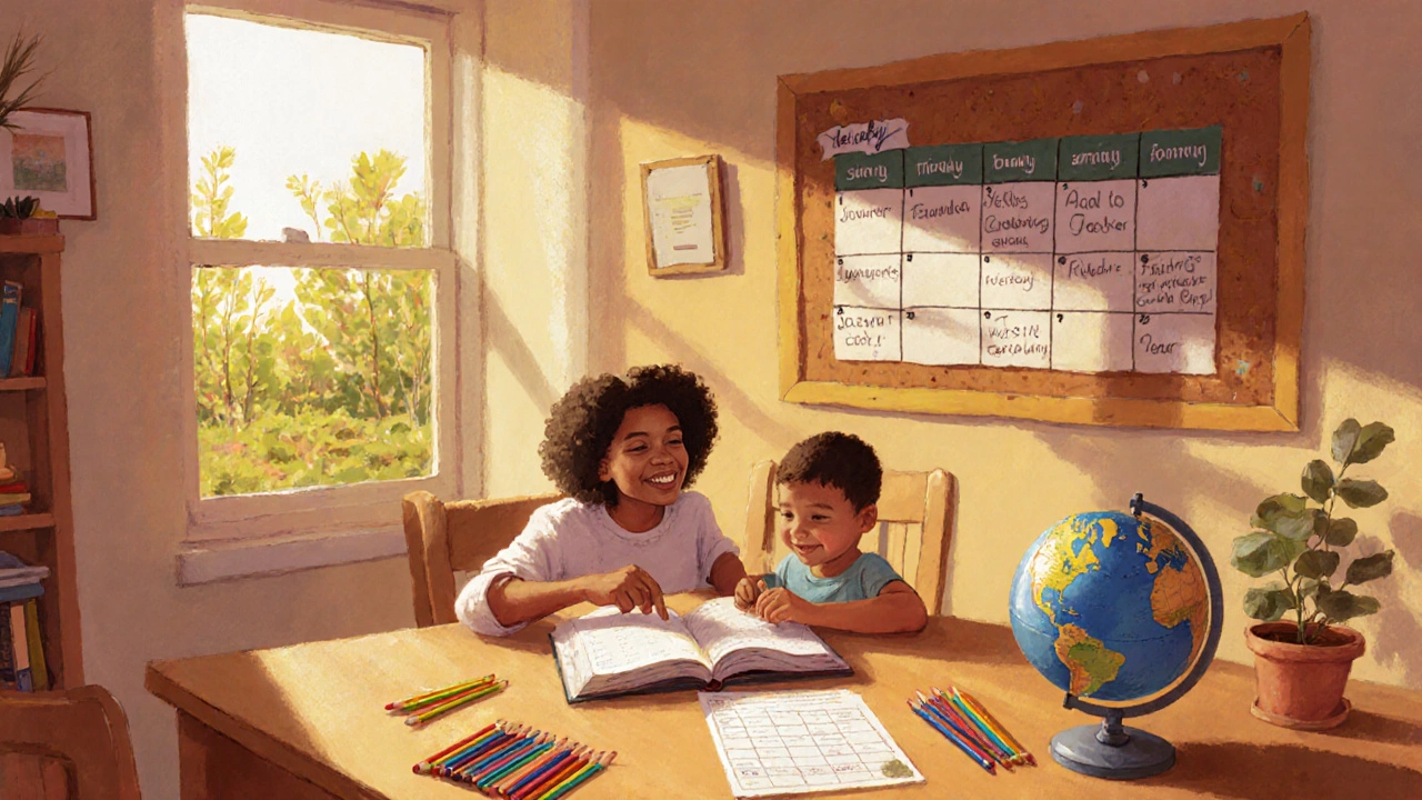 Parent and child working together on a homeschool lesson at a kitchen table.
