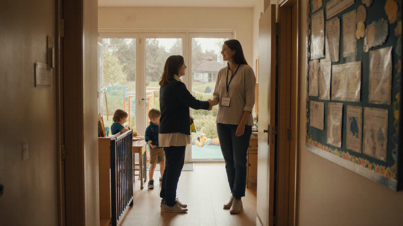 Parent touring a bright early‑education centre, meeting qualified staff and viewing safe indoor/outdoor spaces.