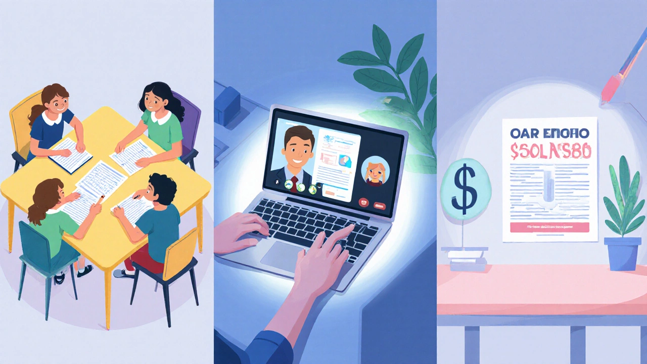 Pastel scene of a group tutoring session, an online video lesson on a laptop, and a scholarship flyer indicating affordable options.