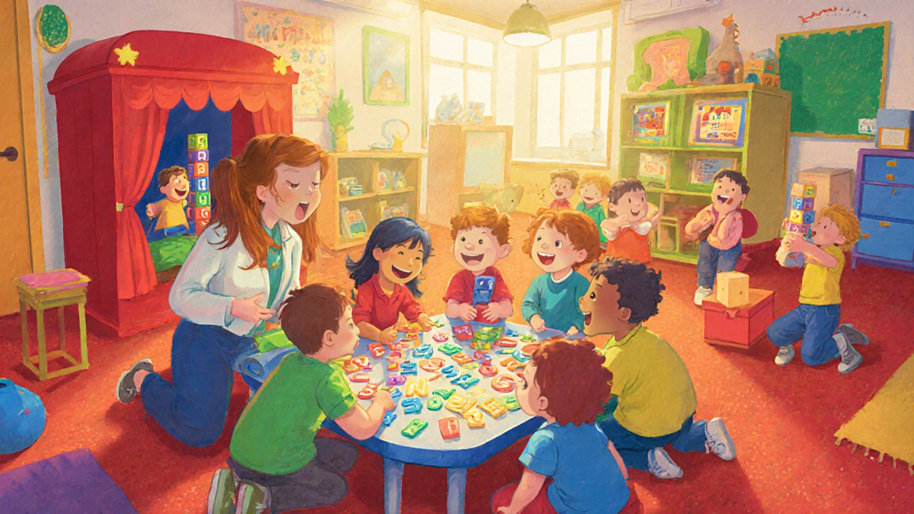 Preschool class playing with alphabet blocks and puppet theatre, teacher guiding storytelling.