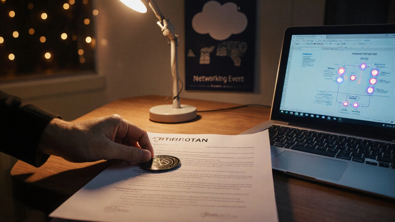 Professional adding a certification badge to a résumé while reviewing a portfolio on laptop.