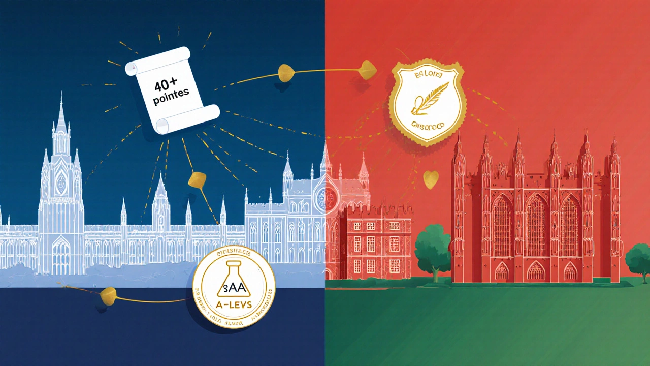 Split illustration of Oxford and Cambridge campuses with IB points and A*AA icons overlay.