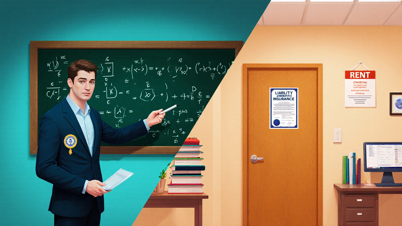 Split illustration showing a qualified tutor teaching on one side and a tutoring office with rent, books, and insurance on the other.