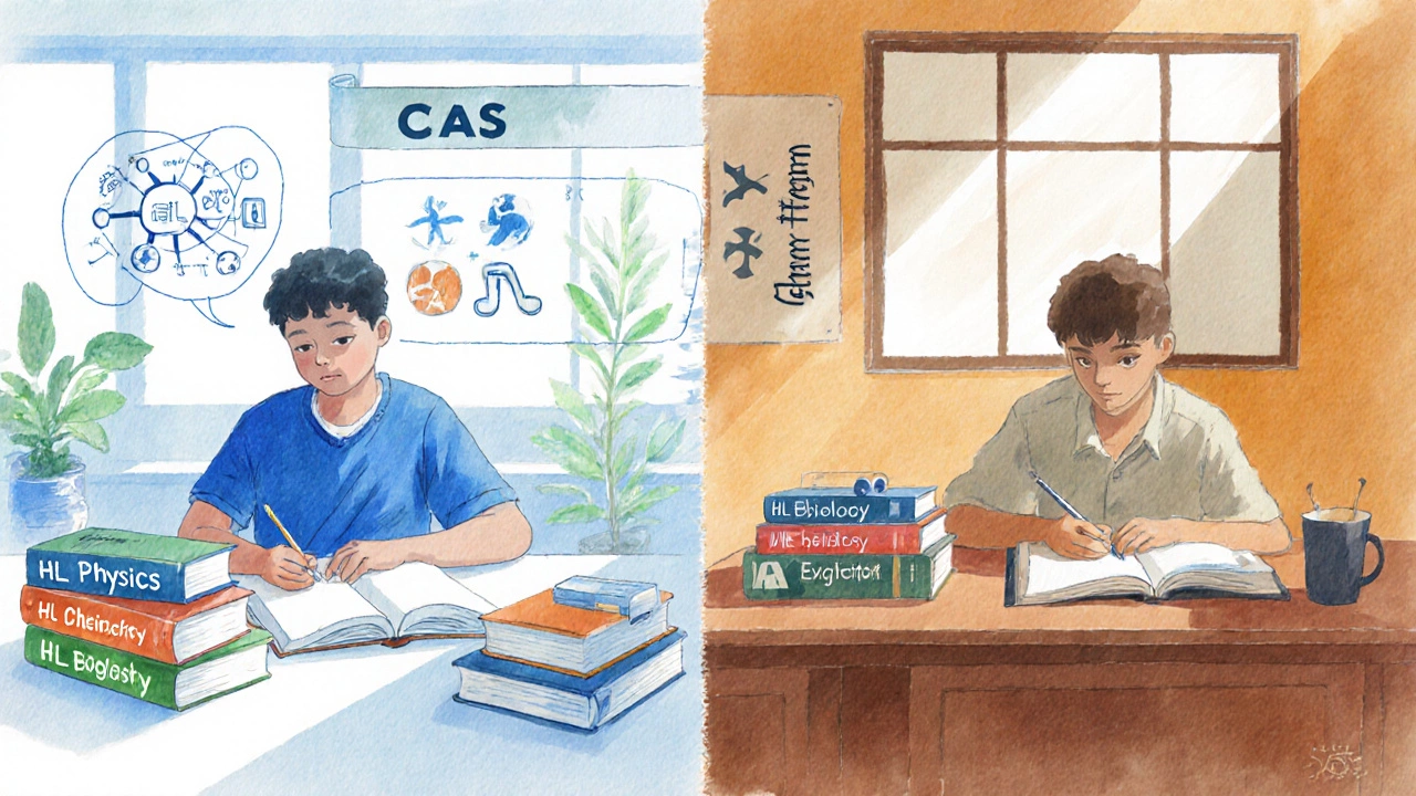 Split illustration showing an IB student with six HL books and a TOK sketch, and an A‑Level student with three exam books.