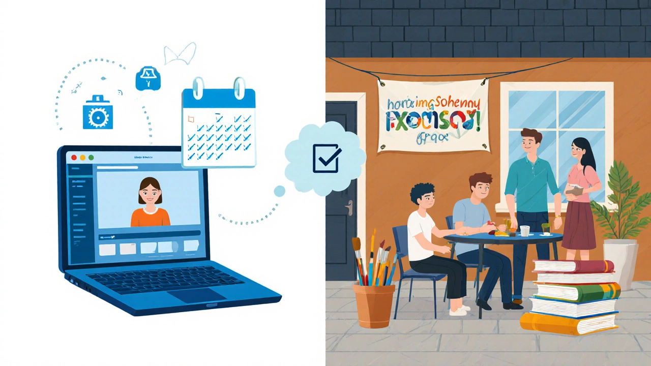 Split‑screen visual comparing remote learning tech tools with homeschooling activities.