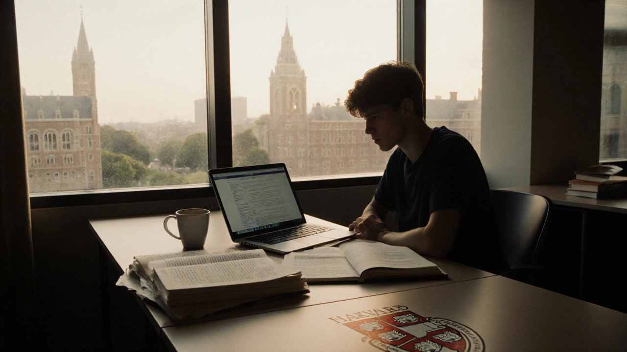 Student studying in a Harvard summer class, surrounded by books and a laptop.