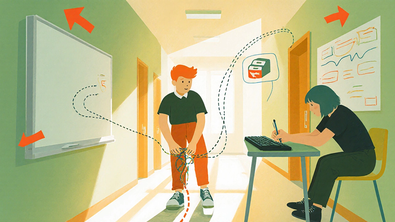 Student with dyspraxia attempting coordinated tasks with visual cues and adaptive keyboard.
