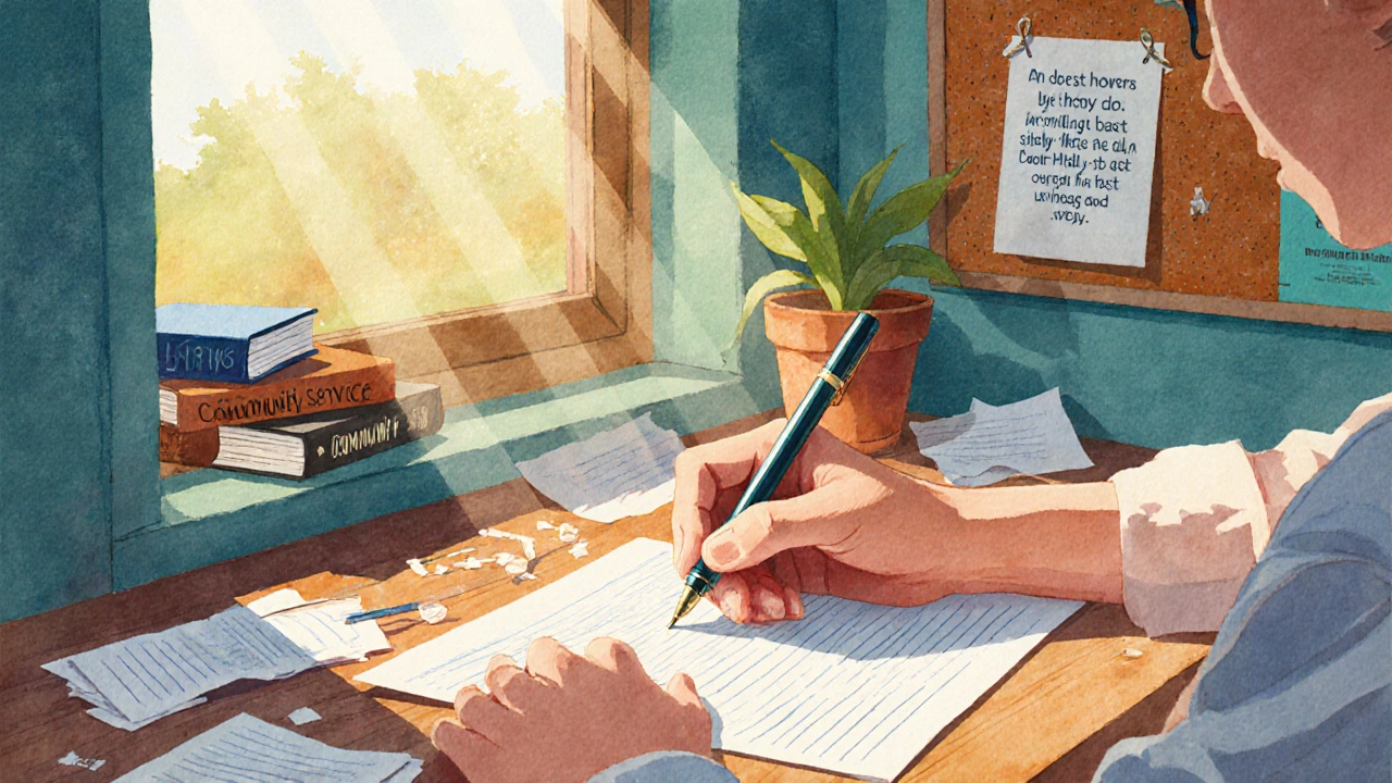 Student writing a personal statement with pen, papers, and sunlight in a study nook.