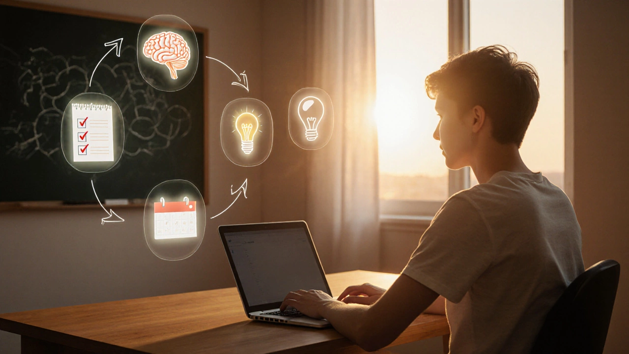 Study desk at sunset with floating icons of a brain, checklist, and lightbulb representing learning steps.