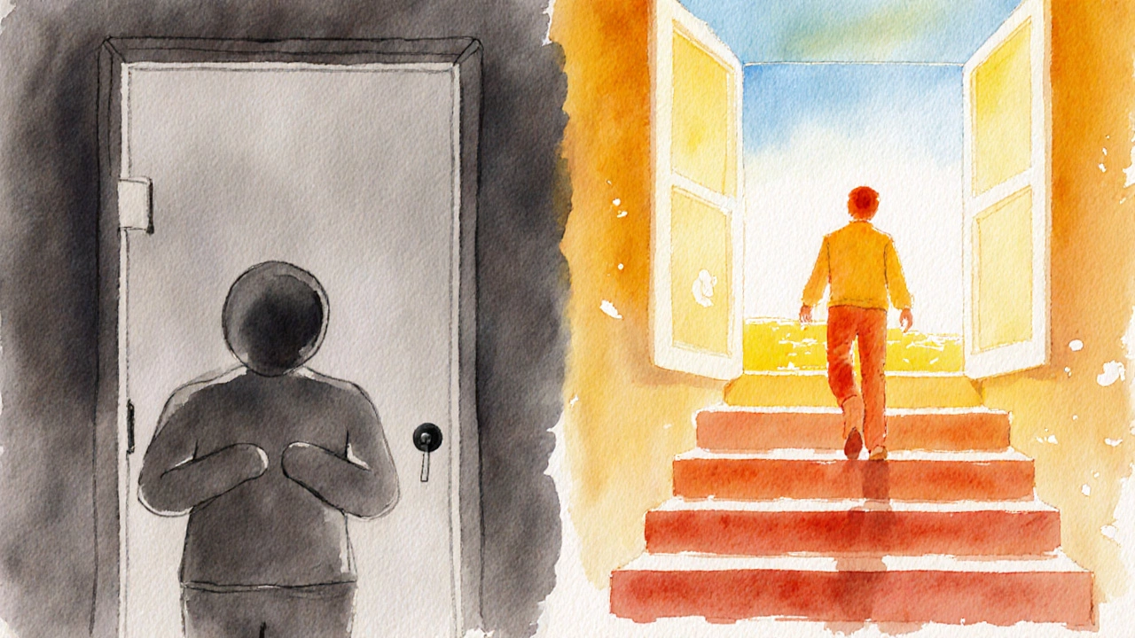 Two watercolor panels: left a hesitant figure at a closed door, right an eager figure climbing stairs.