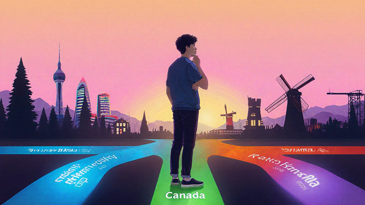 Young adult at crossroads with colored paths representing education factors.