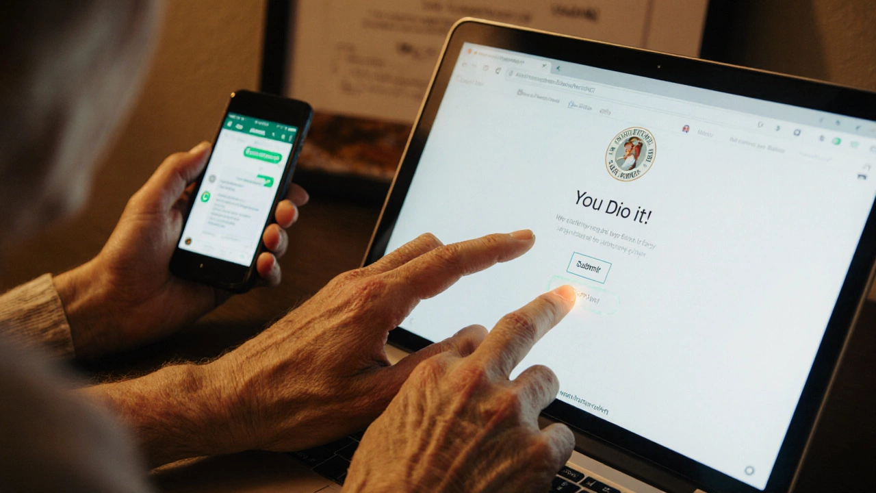 A woman submitting a website she built for her daughter&#039;s bakery, with a supportive text chat visible.