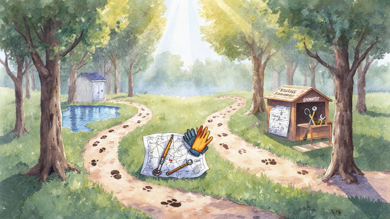 Abstract forest paths representing four learning styles, converging at a bench under dappled sunlight.