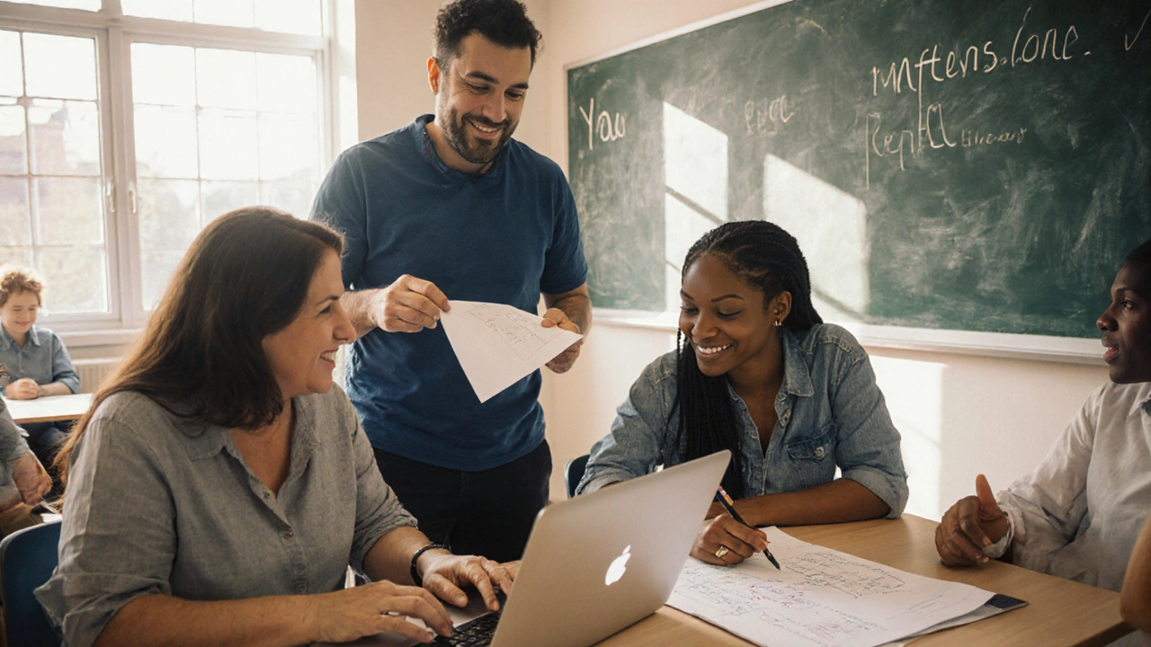 Adult learners collaborating in a community classroom, with an instructor observing respectfully.