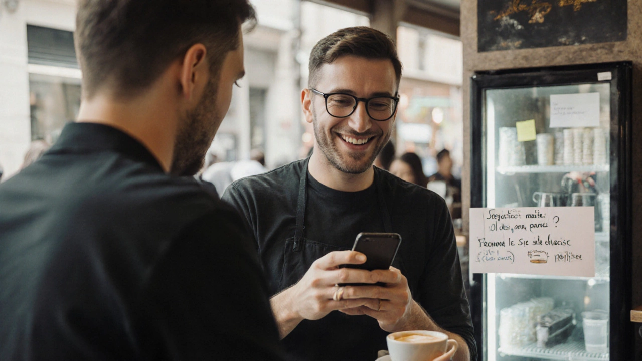 Adult ordering coffee in Spanish at a café, with French-labeled fridge notes in background.