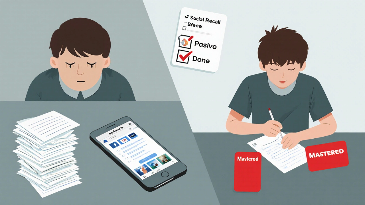 Contrasting scenes: one student scrolling on phone, another actively recalling answers with flashcards.