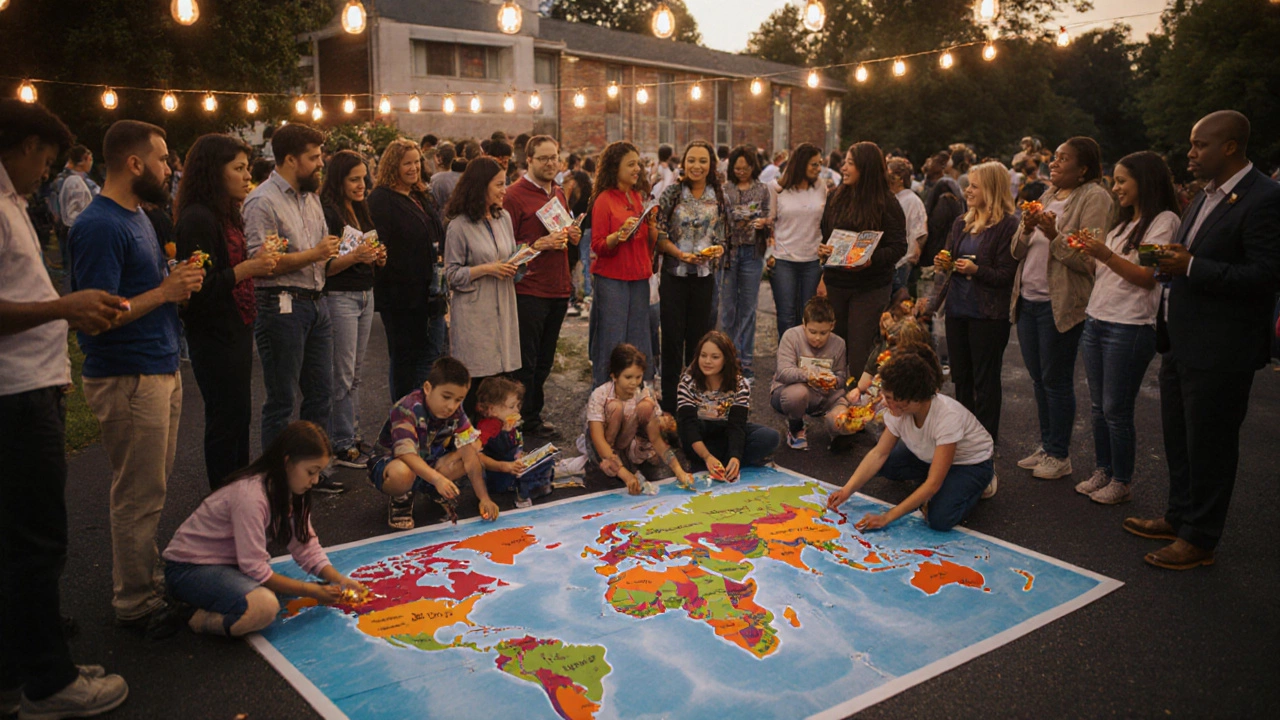 Diverse families celebrating international cultures at a school festival