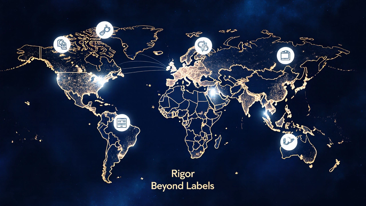 Global map showing A Levels, AP, and IB diplomas connected by a glowing thread