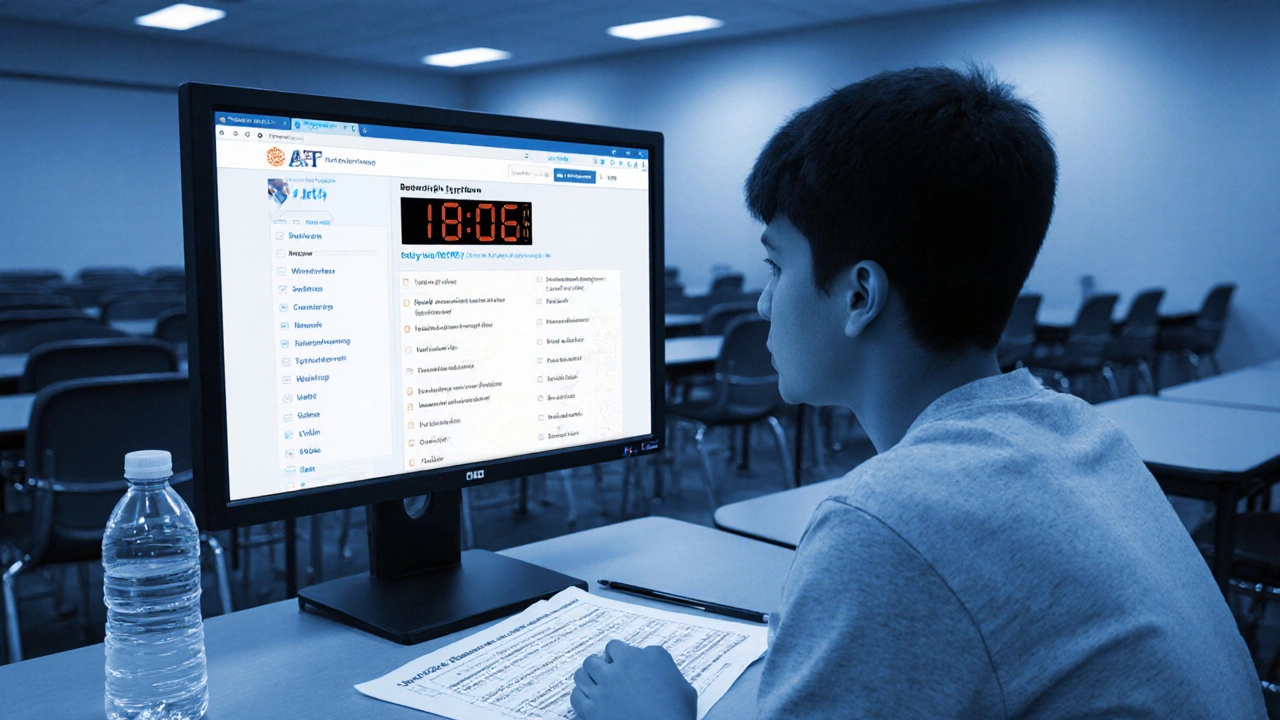 High school student taking the SAT in a quiet testing room with a digital timer visible.