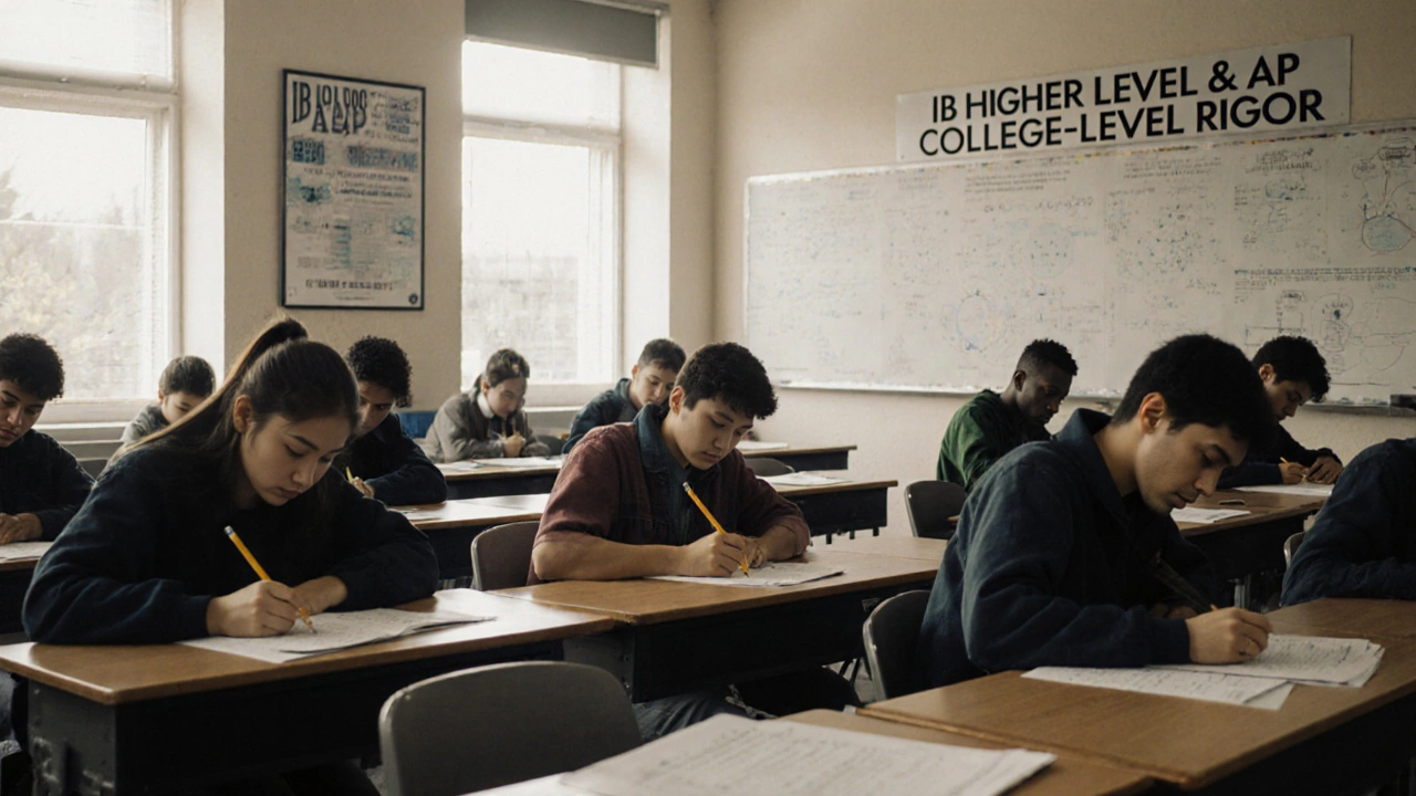 High school students taking AP exams in a classroom with scientific posters