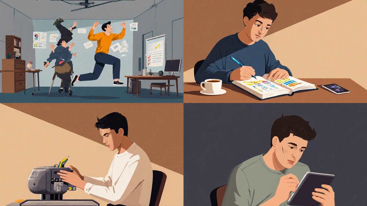 Split-screen of four adult learners: active role-play, quiet reflection, analyzing diagrams, and using a checklist.