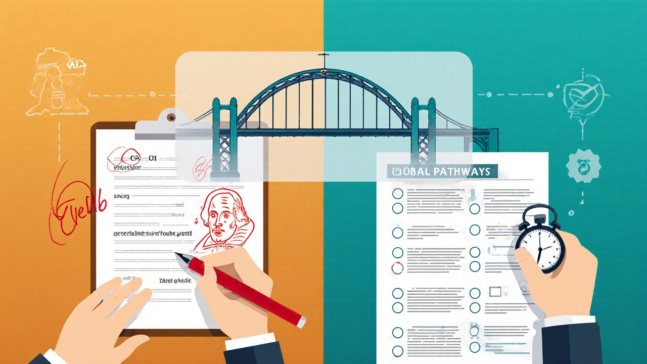 Split-screen showing GCSE essay writing and SAT test-taking, symbolizing two education systems.