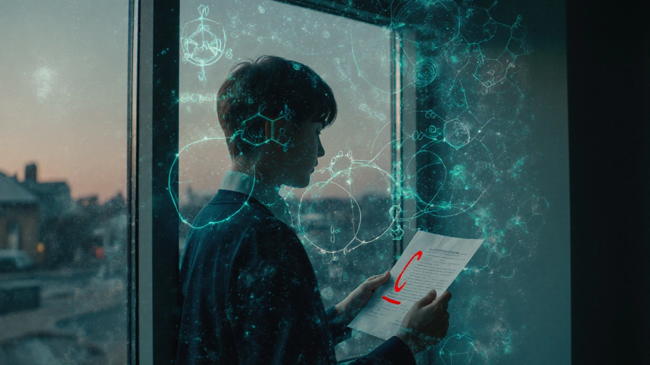 Student holding a Chemistry exam paper with abstract molecular patterns reflected in a window.